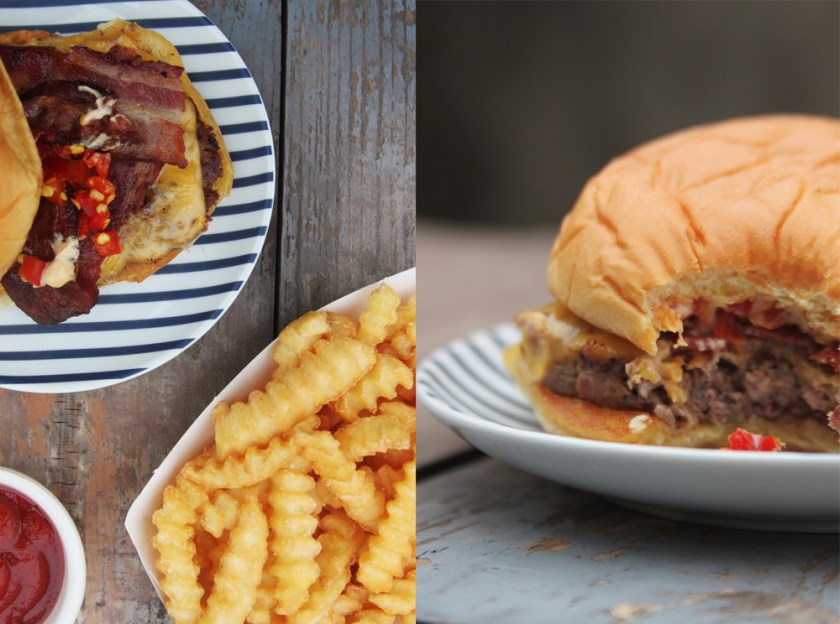 Smoke Shack burger with cheese, Niman Ranch all-natural applewood smoked bacon and chopped cherry pepper with fries